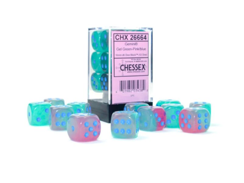 chessex-gel-green-pink-blue-12-dice-gemini-luminary-16mm-box
