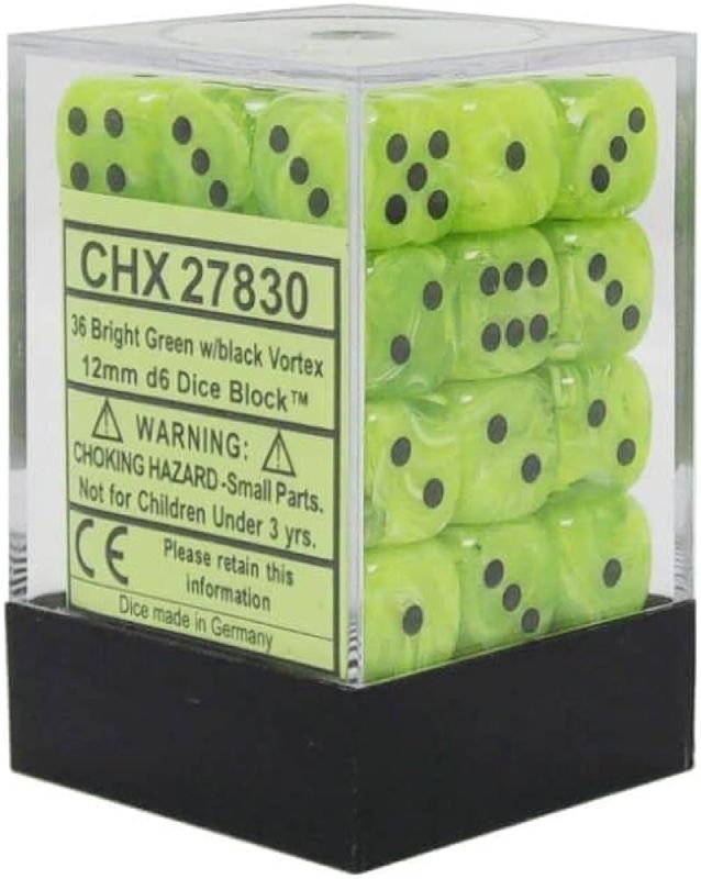 chessex-signature-12mm-d6-dice-block-36-dice-vortex-bright-green-black-box