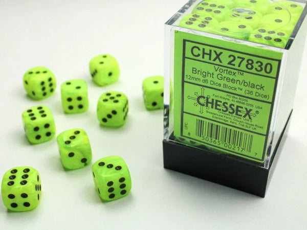 chessex-signature-12mm-d6-dice-block-36-dice-vortex-bright-green-black
